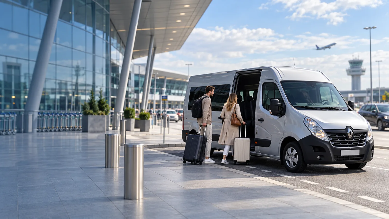 Bus pasażerski przy terminalu lotniska i podróżni z walizkami - ilustracja transferu Tomiline