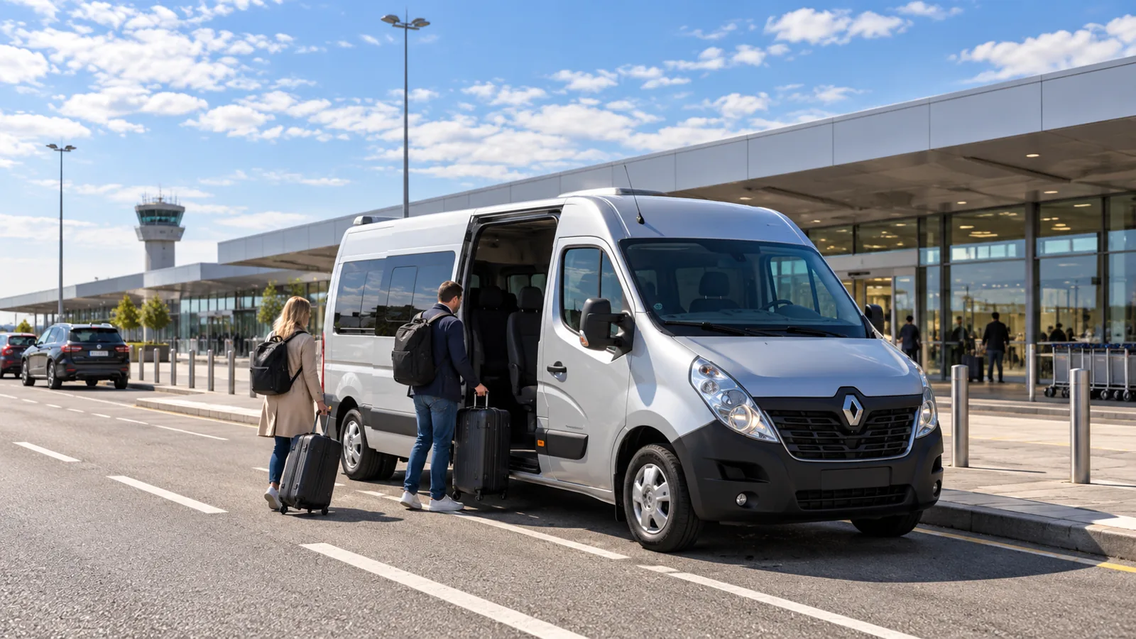 Bus pasażerski przy terminalu lotniska i podróżni z walizkami - ilustracja transferu Tomiline