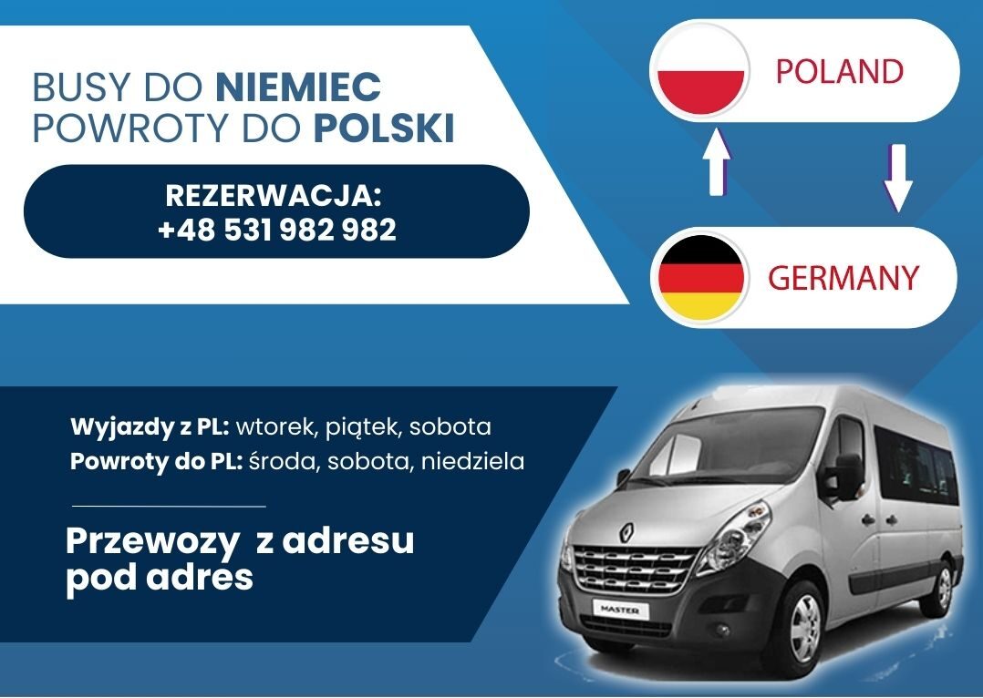 Obrazek przedstawia ofertę przewozu osób busami z Kłodawa do Niemiec.