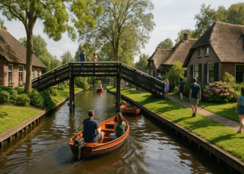 Kanały, mostki i tradycyjne domy w Giethoorn w Holandii