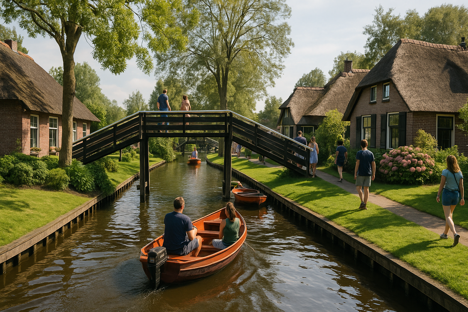 Kanały, mostki i tradycyjne domy w Giethoorn w Holandii