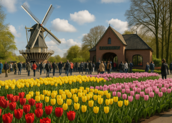 Kolorowe pola tulipanów w Holandii i ogród Keukenhof wiosną