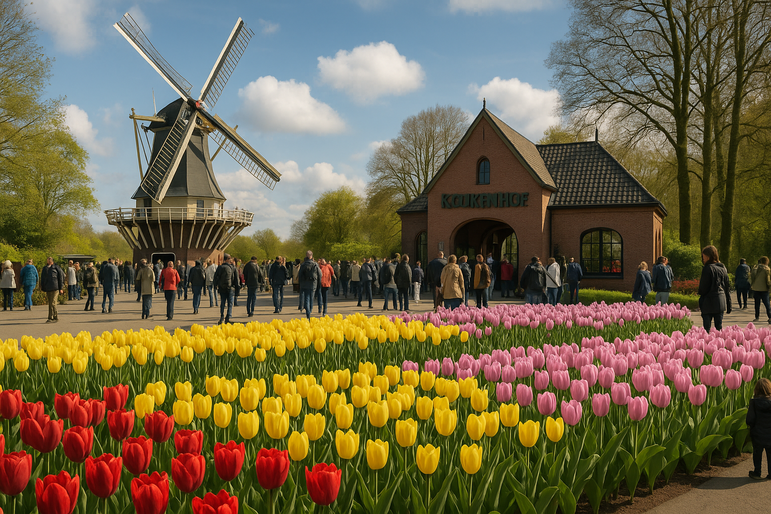 Kolorowe pola tulipanów w Holandii i ogród Keukenhof wiosną