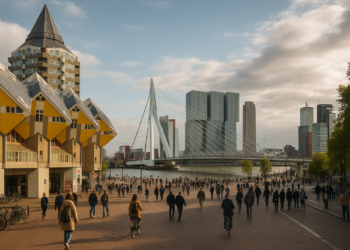 Panorama Rotterdamu z mostem Erasmusbrug i nowoczesnymi budynkami nad rzeką