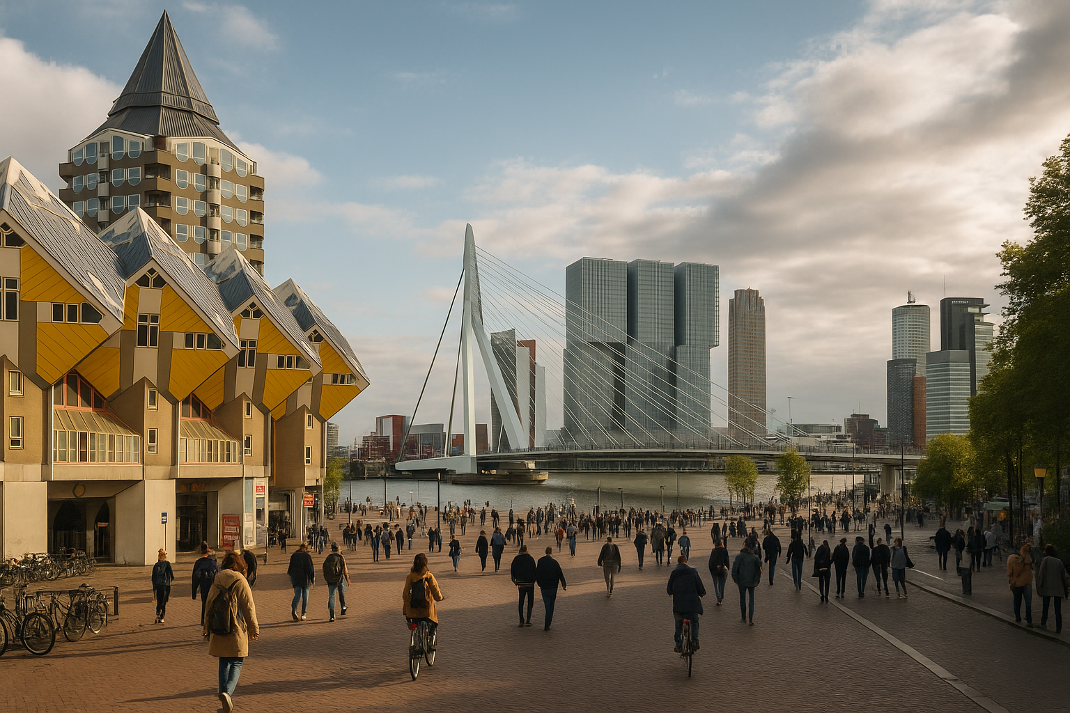 Panorama Rotterdamu z mostem Erasmusbrug i nowoczesnymi budynkami nad rzeką