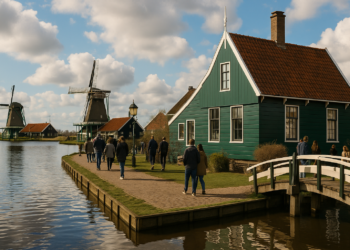 Wiatraki w Zaanse Schans nad rzeką Zaan w Holandii