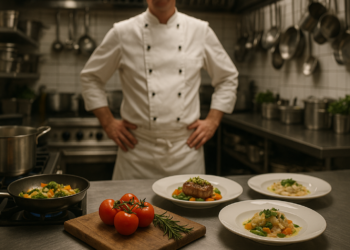Pracownik gastronomii w kuchni hotelowej w Niemczech przygotowujący się do zmiany