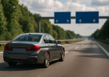 Samochód na niemieckiej autostradzie autobahn podczas podróży do pracy za granicę
