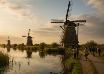 Wiatraki UNESCO w Kinderdijk w Holandii przy kanale podczas spaceru