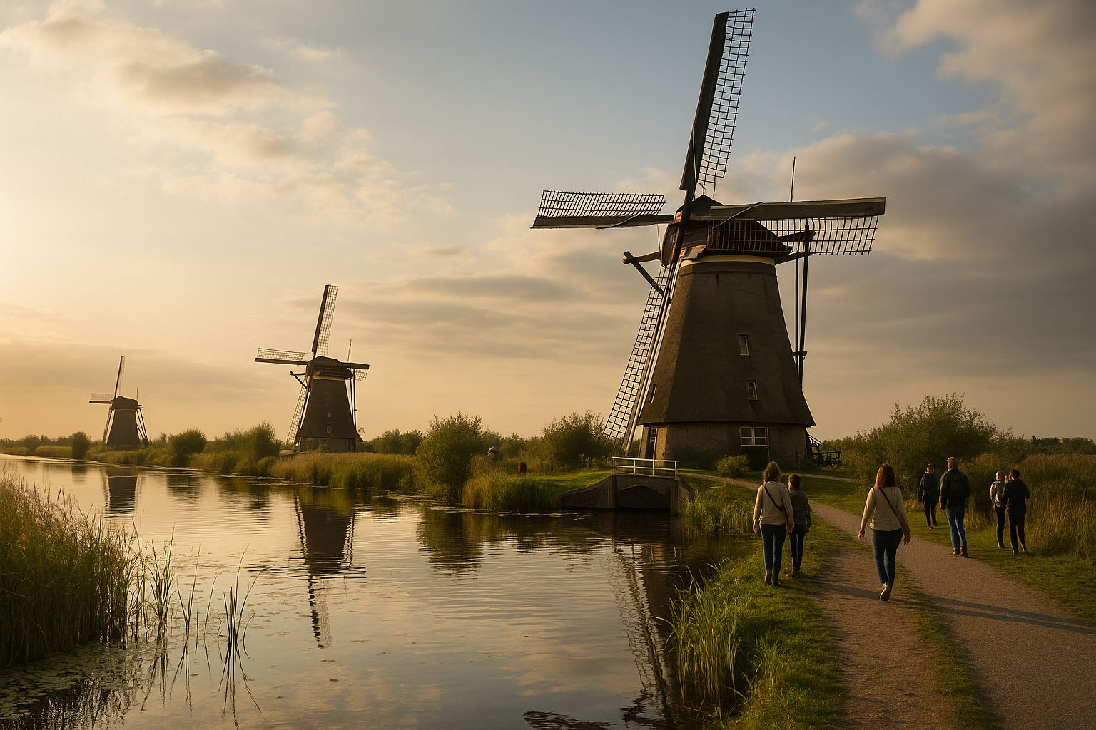 Wiatraki UNESCO w Kinderdijk w Holandii przy kanale podczas spaceru