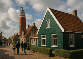Latarnia morska i plaża na wyspie Texel w Holandii