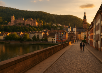 Widok na zamek Heidelberg i starówkę nad rzeką Neckar w Niemczech