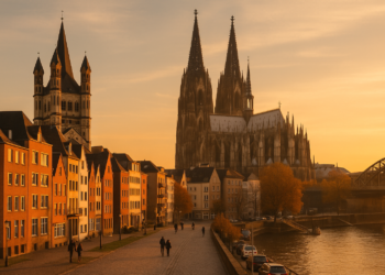 Panorama Kolonii z katedrą, mostem Hohenzollernów i Renem podczas city breaku w Niemczech