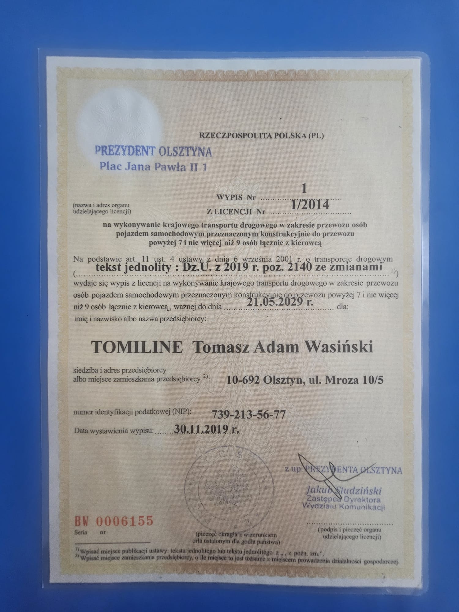 Skan licencji przewozowej Tomiline nr 1/2014