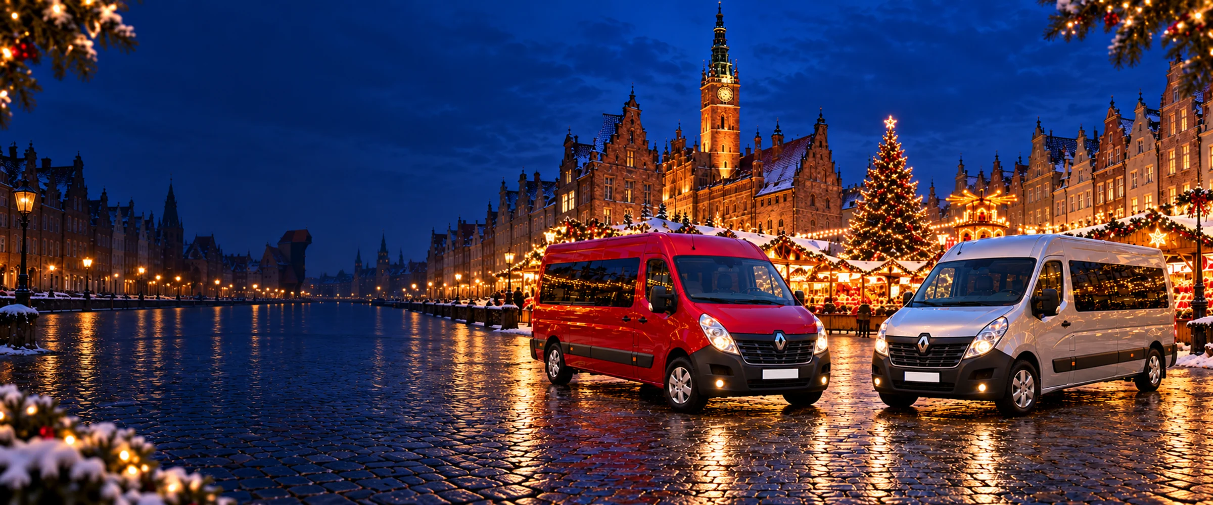 Czerwony i srebrny Renault Master przy jarmarku bożonarodzeniowym w Gdańsku